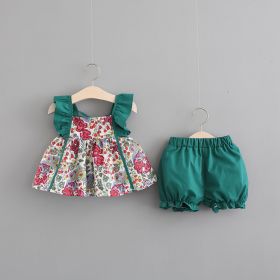 New Girls' Summer Printed Flounced Sleeve Suit Vest Shorts Two-piece Set