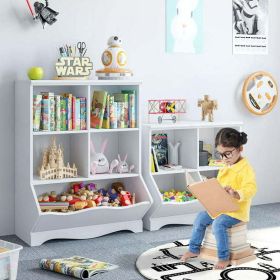 Kids Cube Toy Storage Cabinet; 5 Boxes Wooden Toy Storage Box; White Bookcase for Kids; Toy Box for Bedroom Living Room