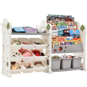 Kids Bookshelf Toy Storage Organizer with 12 Bins and 4 Bookshelves; Multi-functional Nursery Organizer Kids Furniture Set Toy Storage Cabinet Unit wi