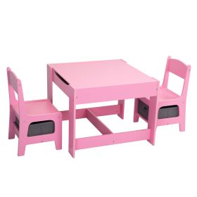 3-in-1 Kids Wood Table and 2 Chairs; Children Activity Table Set with Storage; Blackboard; Double-Sided Table for Drawing; Pink &amp; Gray