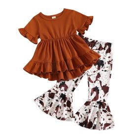 Small And Older Children's Short Sleeve Top With Swing Leopard Print Flared Pants Girls' Suit