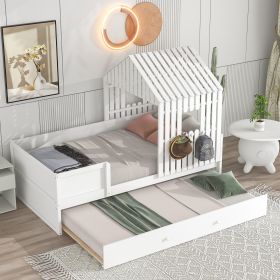 Twin Size House Low Loft Bed with Trundle (Color: White)