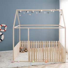 Givenusmyf Full Size Double Floor Bed Frame Kids Room Bed with Roof and Fence Wooden Room Bed Floor Bed Double Bed for Kids, Teens, Girls and Boys (colour: wood color, size: double)